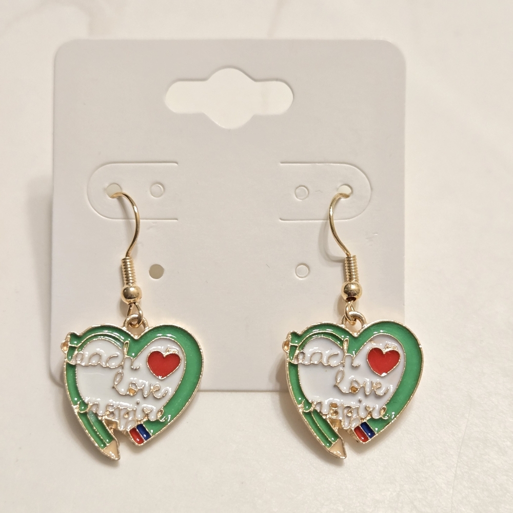Heart-Shaped Gold Teach Love Inspire Dangle Earrings